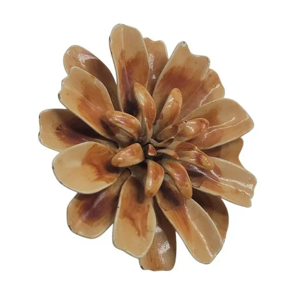 Vintage Enamel Flower Brooch Pin Brown Cream Retro Boho 3D 2.5" 1960s - Picture 4 of 8